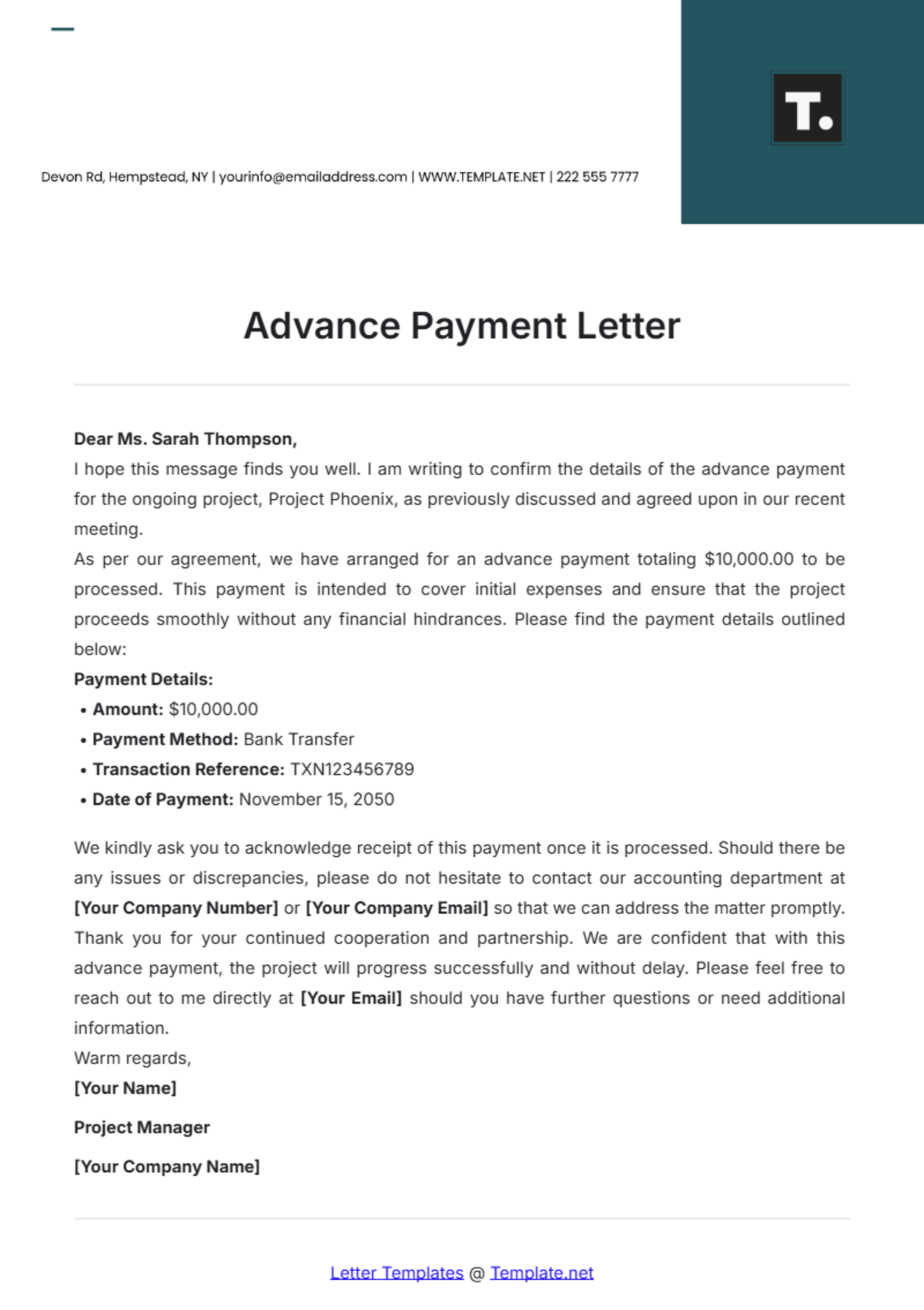 Free Advance Payment Letter Template to Edit Online