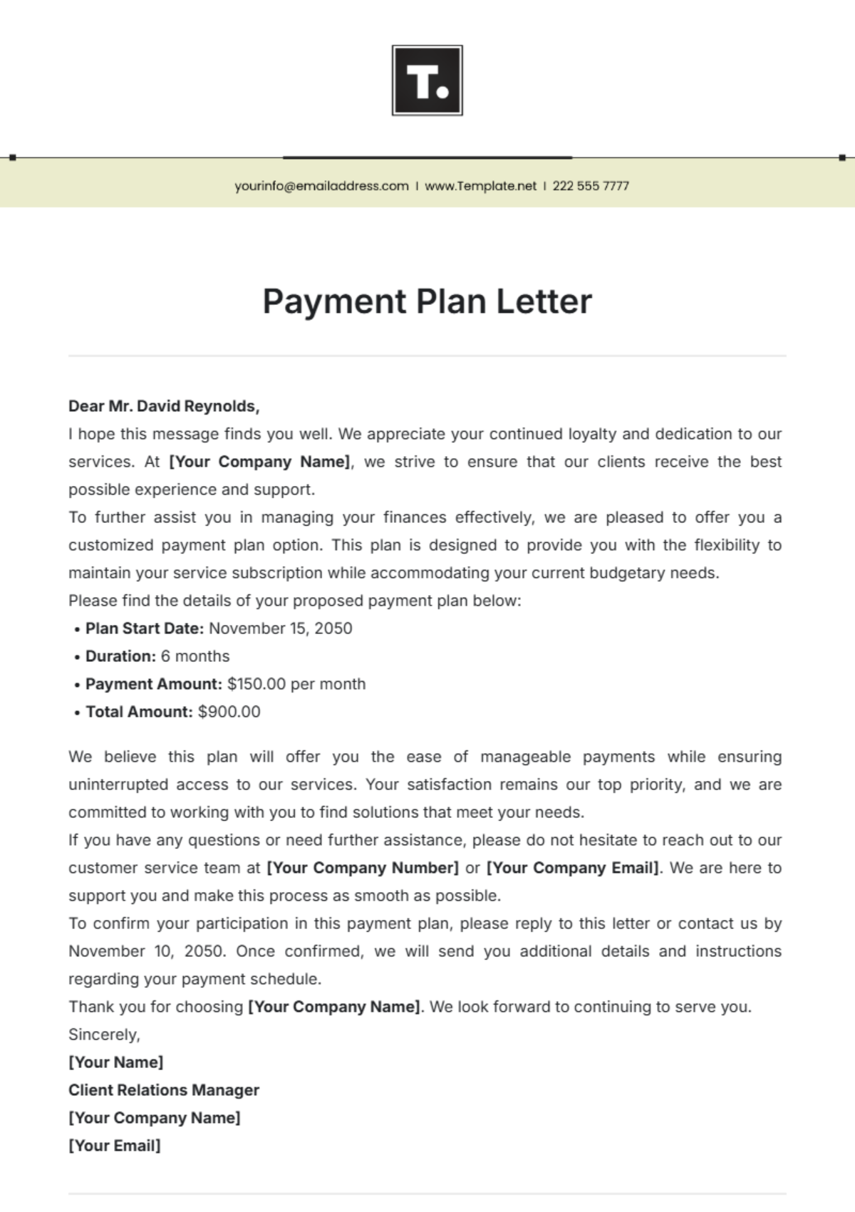 Payment Plan Letter Template