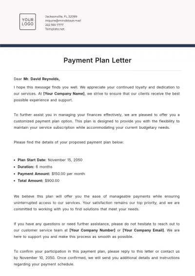 Free Payment Plan Letter Template to Edit Online