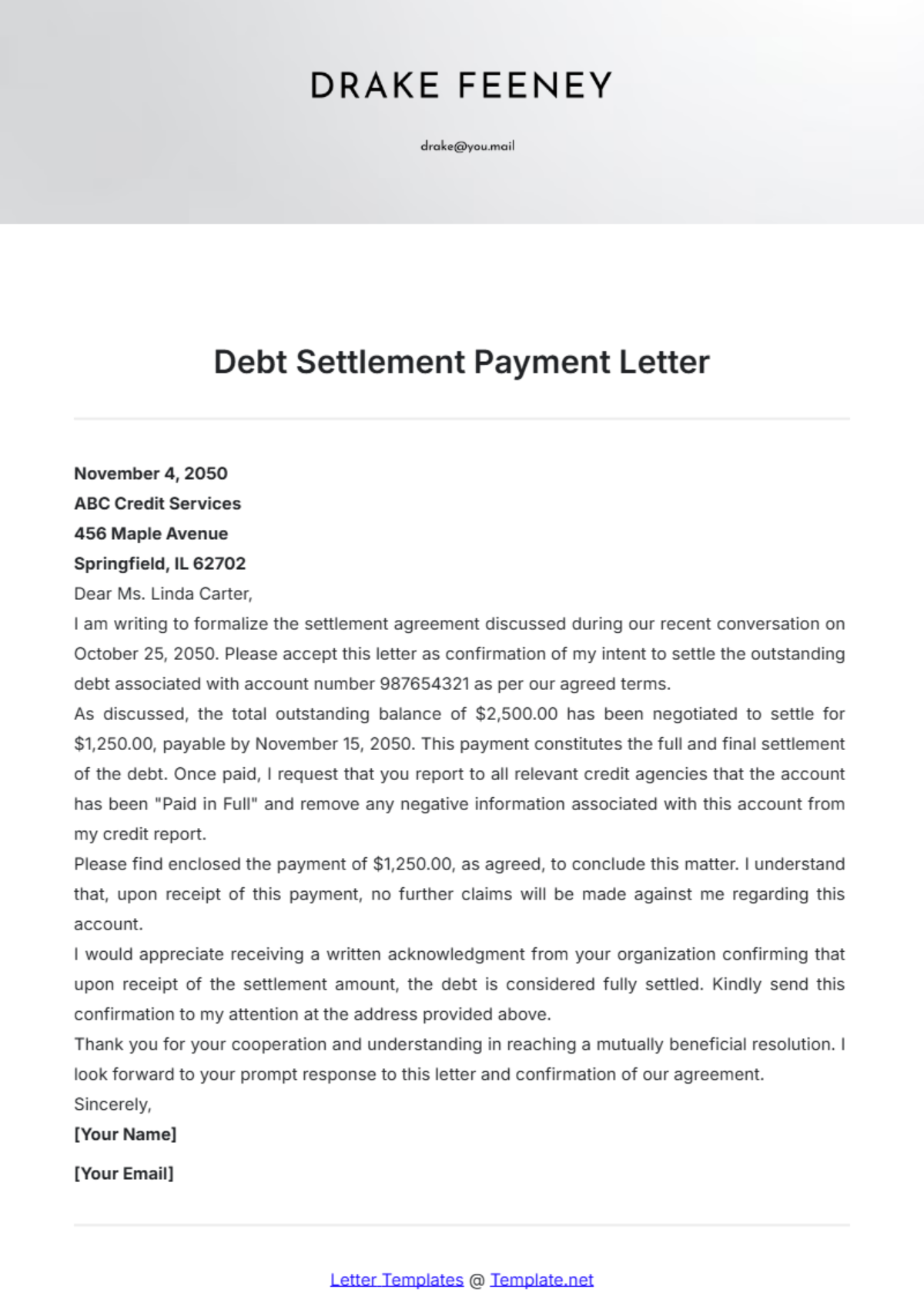 Debt Settlement Payment Letter Template - Edit Online & Download