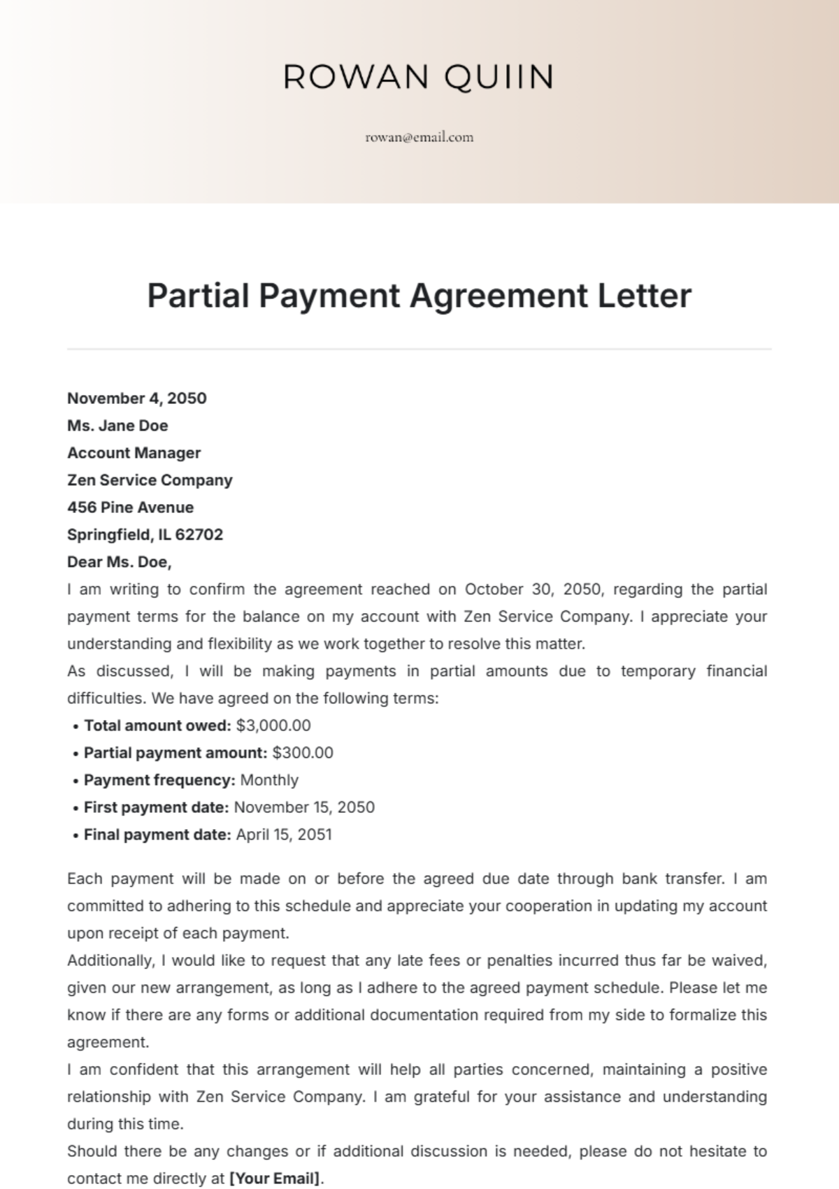 Partial Payment Agreement Letter Template - Edit Online & Download