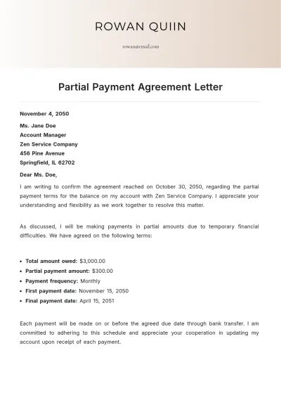 Free Partial Payment Agreement Letter Template to Edit Online