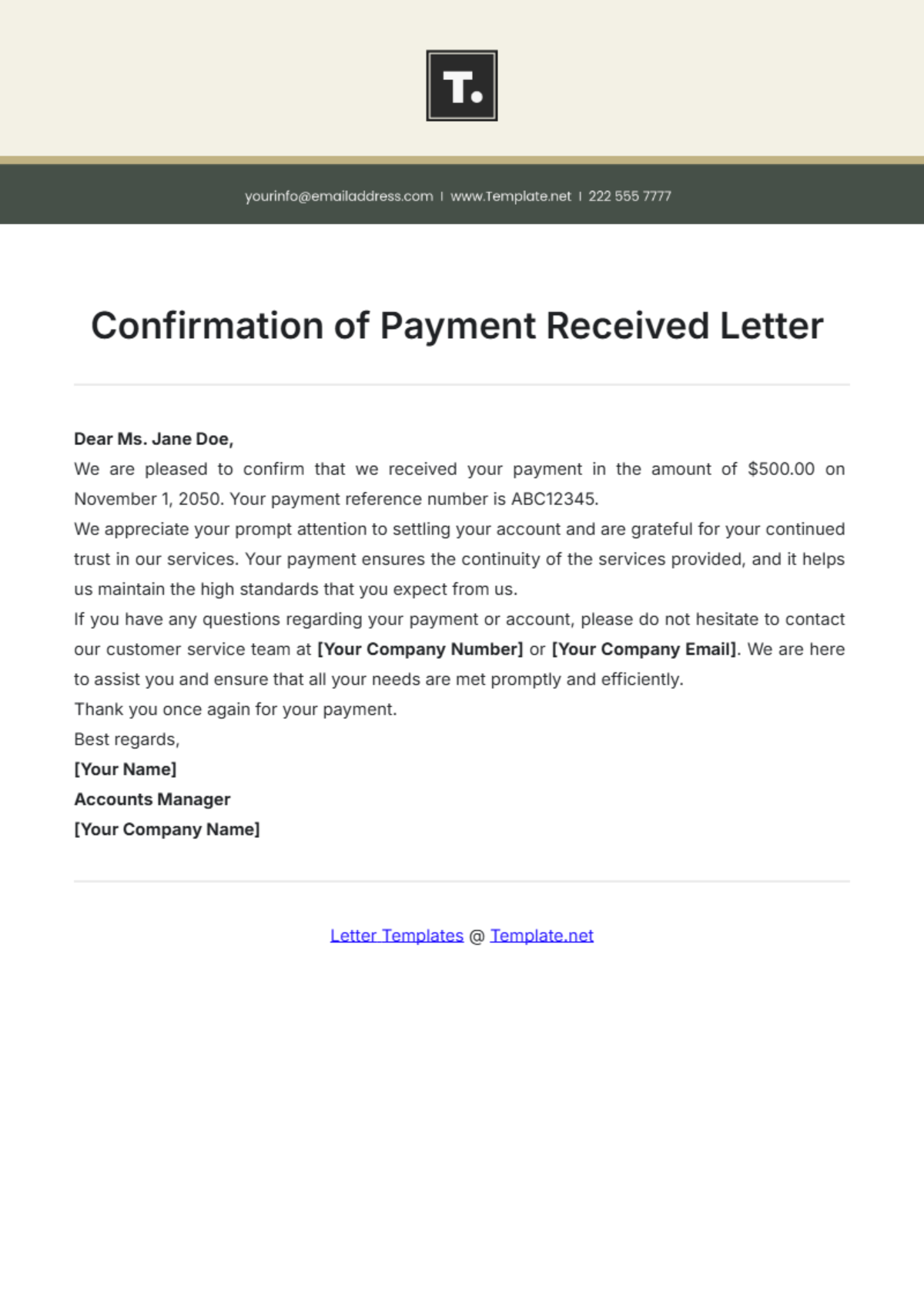 Confirmation of Payment Received Letter Template - Edit Online & Download