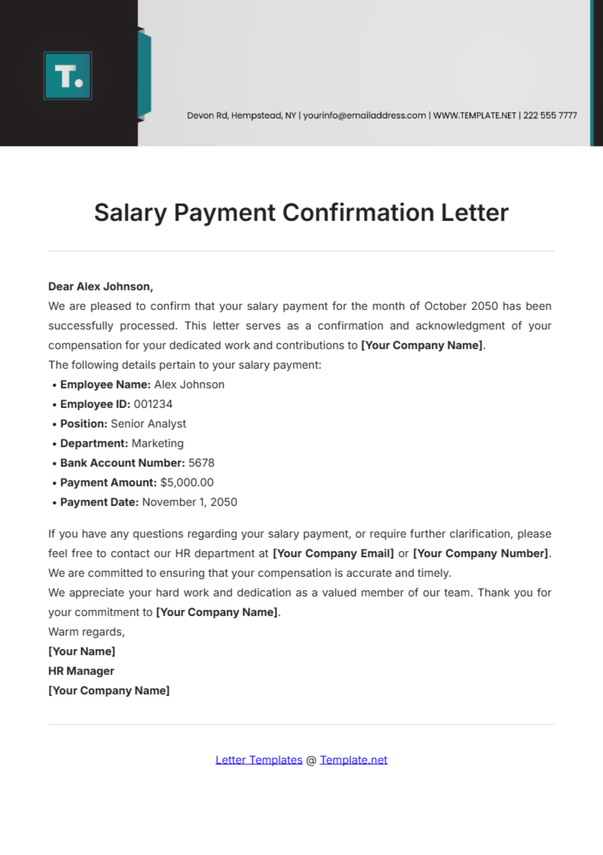 Salary Payment Confirmation Letter Template - Edit Online & Download