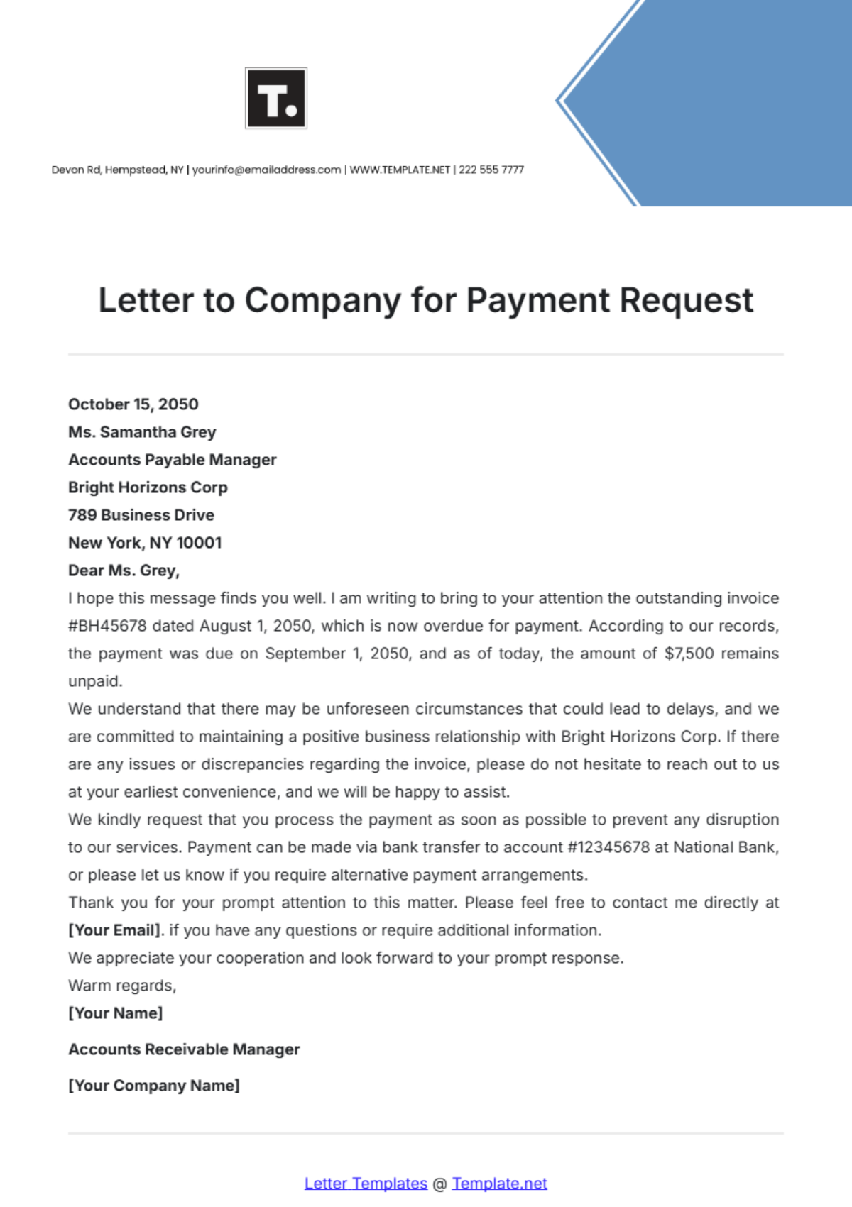 Letter to Company for Payment Request Template - Edit Online & Download