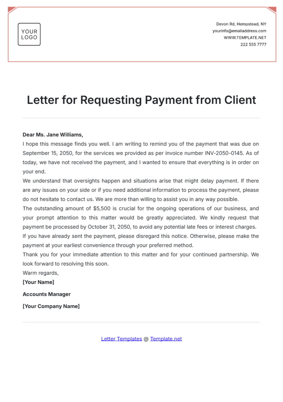 Letter for Requesting Payment from Client Template - Edit Online & Download