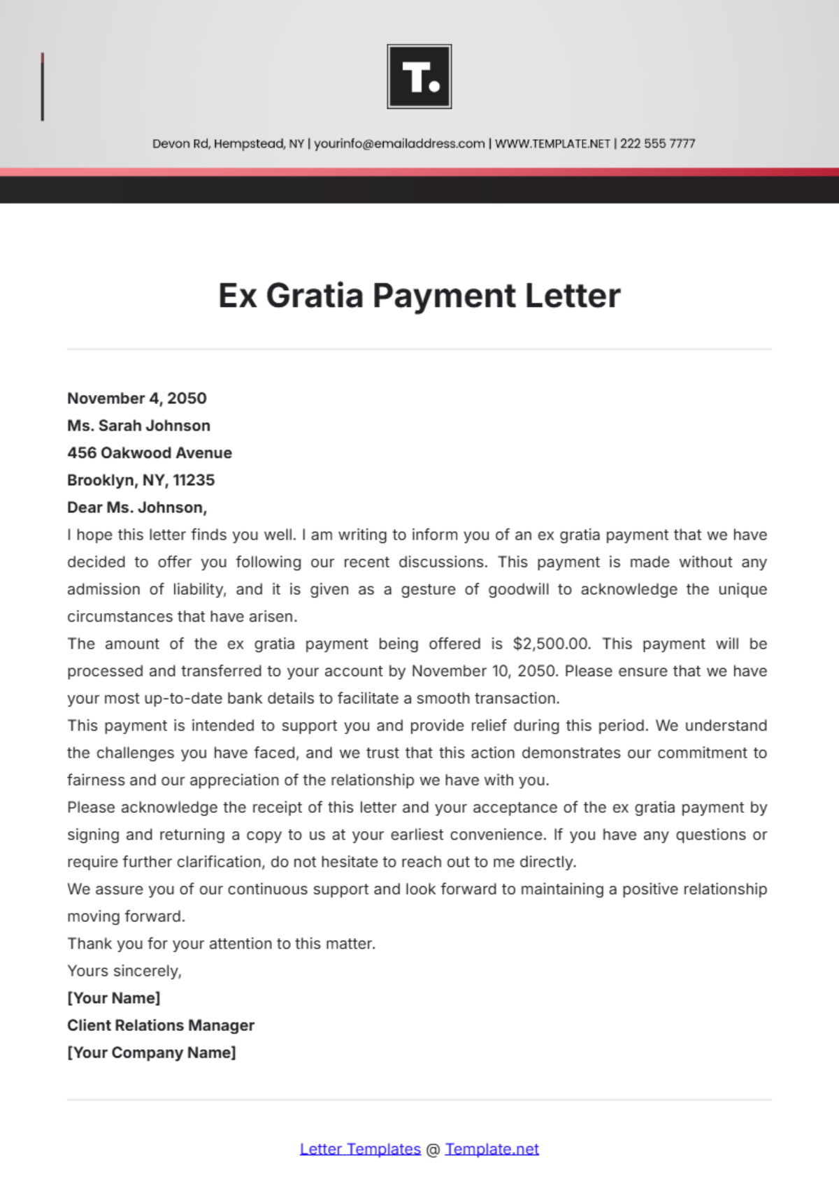 Ex Gratia Payment Letter Template - Edit Online & Download