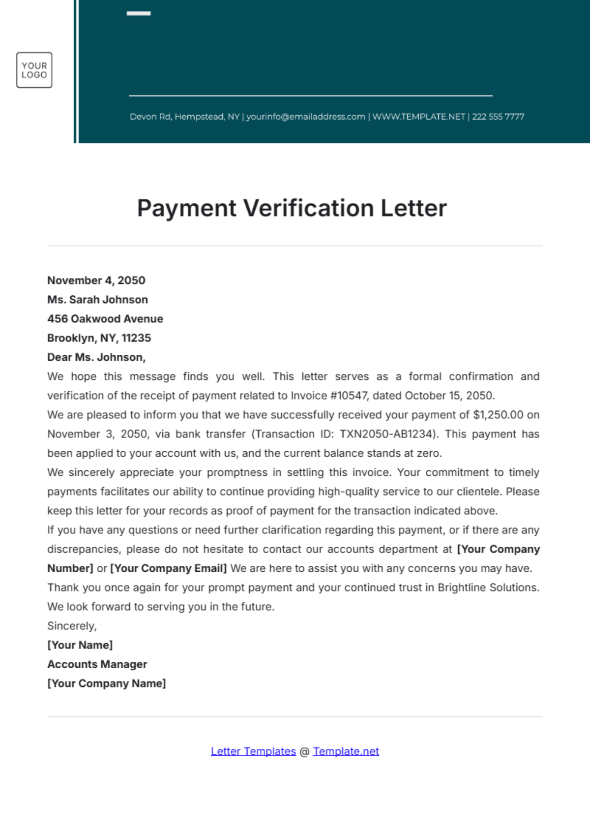 Payment Verification Letter Template - Edit Online & Download