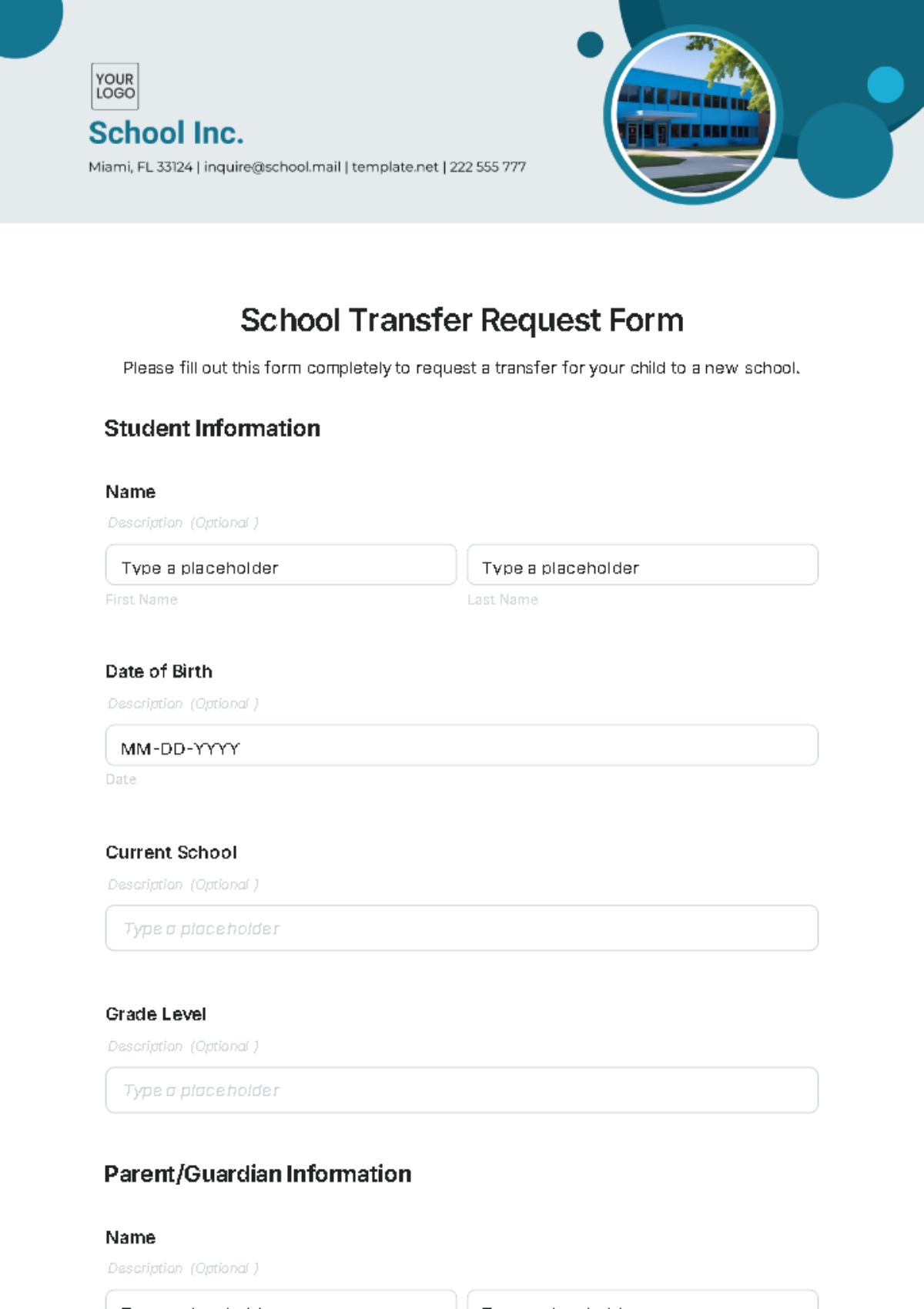 School Transfer Request Form Template