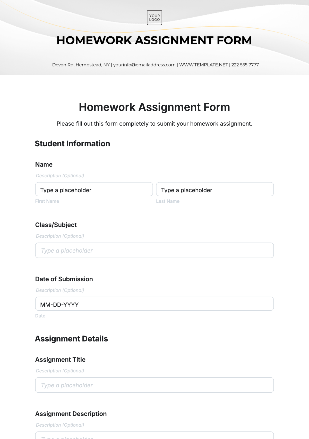 Homework Assignment Form Template - Edit Online & Download