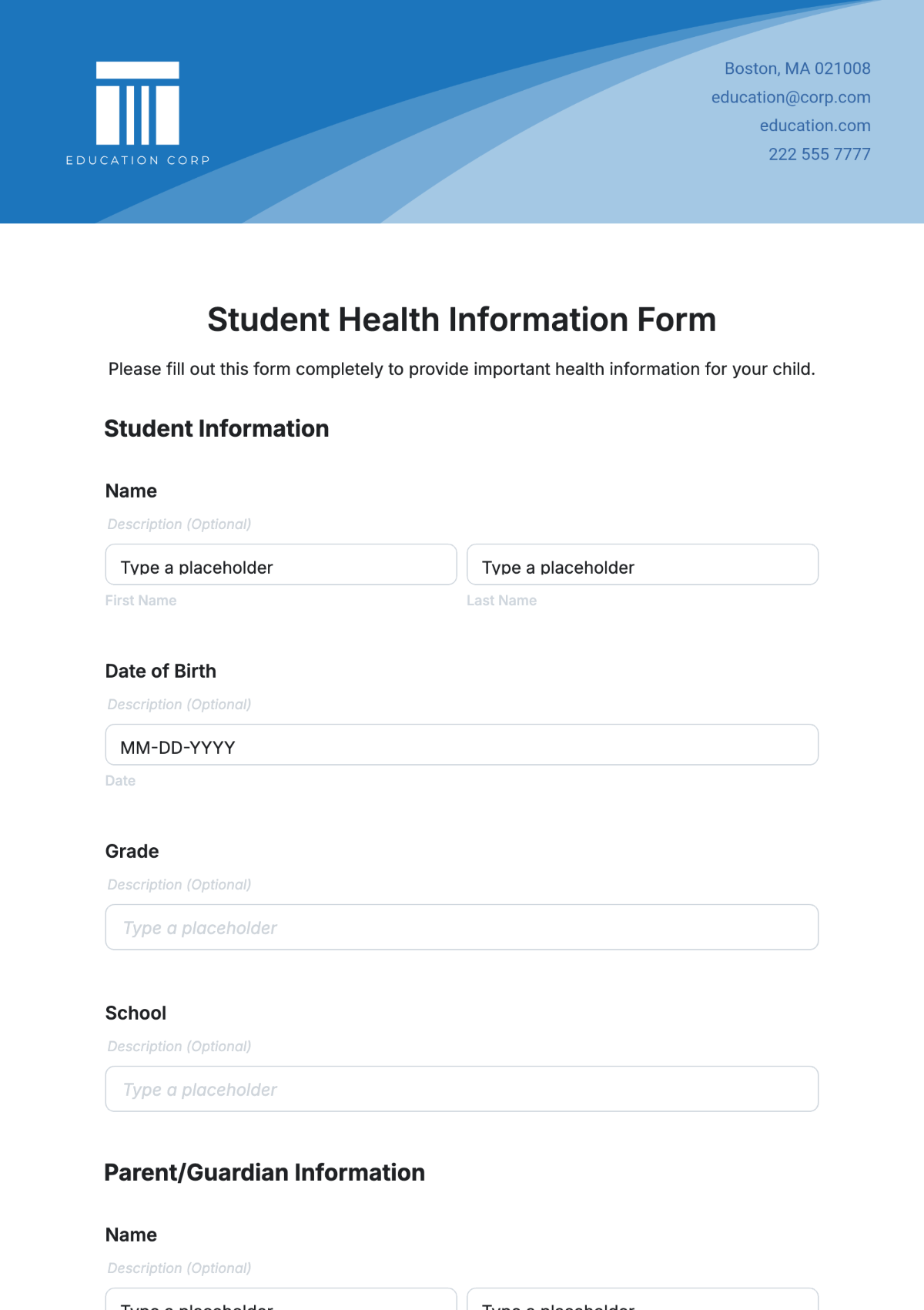 Student Health Information Form Template - Edit Online & Download