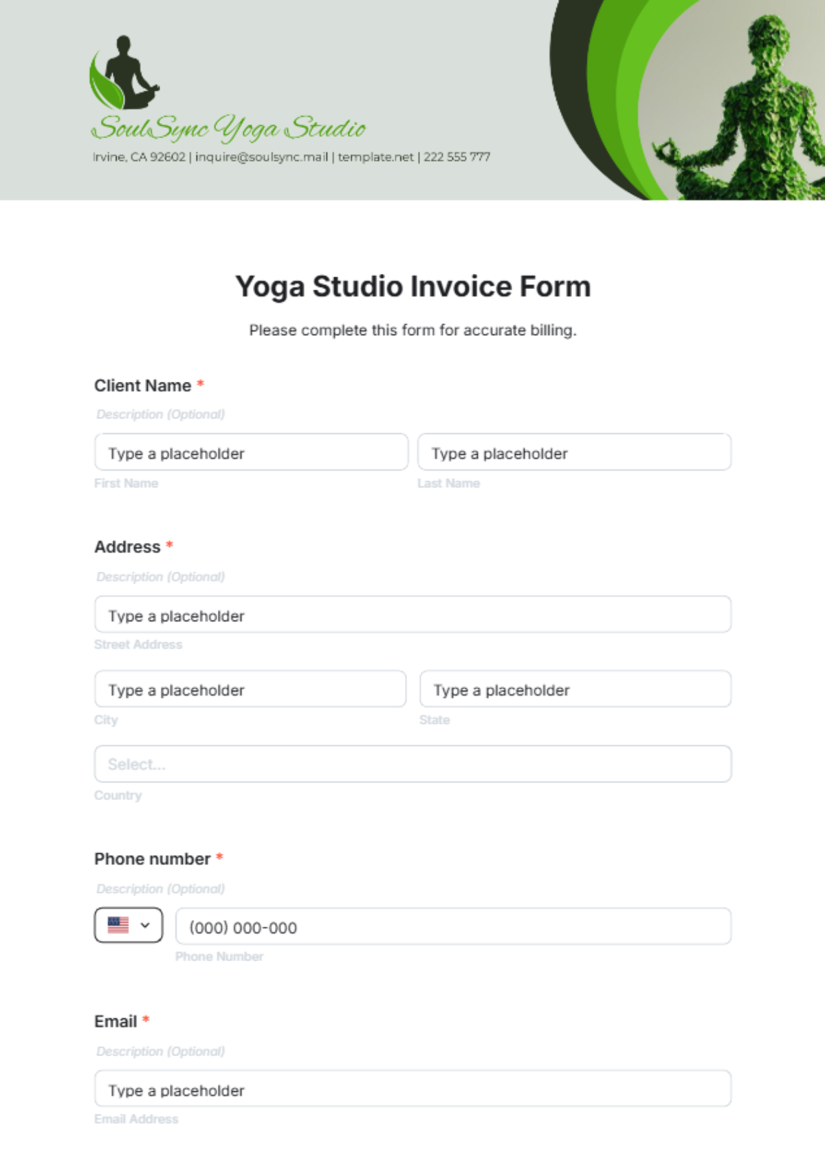 Yoga Studio Invoice Form Template - Edit Online & Download