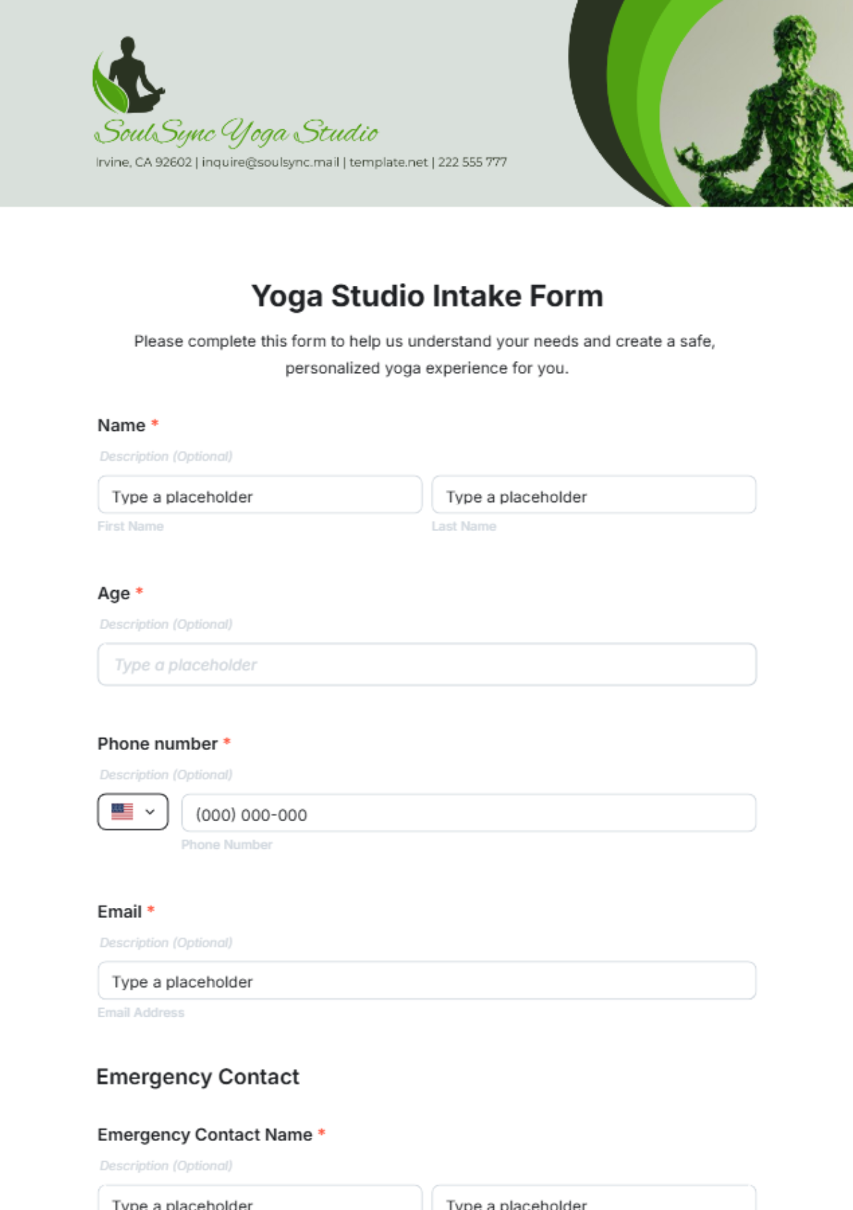 Yoga Studio Intake Form Template - Edit Online & Download