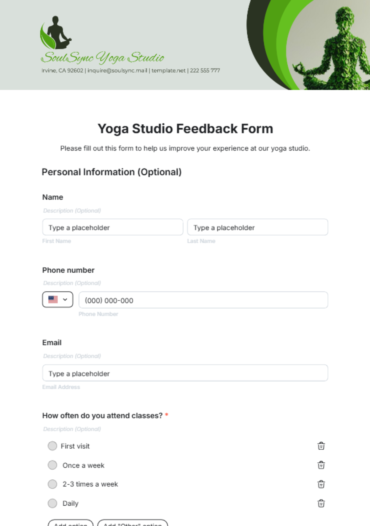 Yoga Studio Feedback Form Template - Edit Online & Download