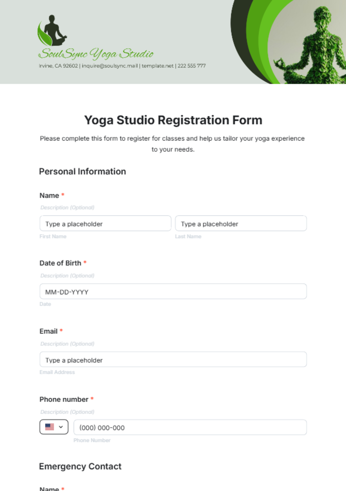 Yoga Studio Registration Form Template - Edit Online & Download