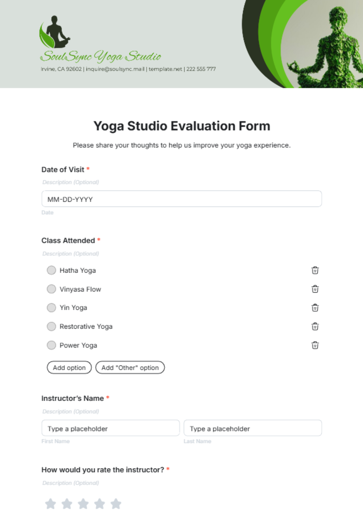 Yoga Studio Evaluation Form Template - Edit Online & Download