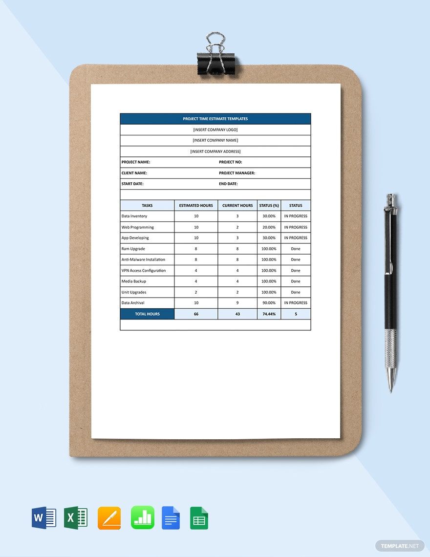 Project Time Estimate Template in Word, Google Docs, Excel, Google Sheets, Apple Pages, Apple Numbers