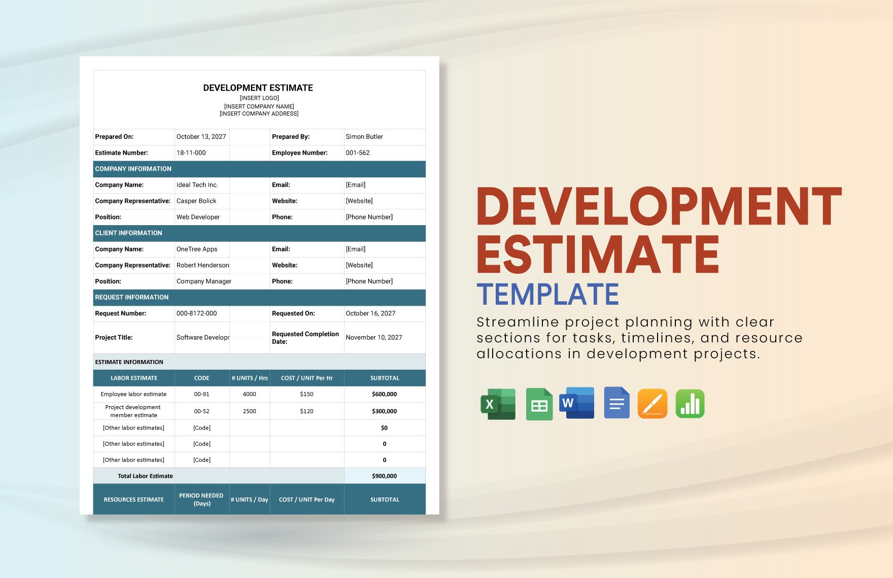 Development Estimate Template in Word, Google Docs, Excel, Google Sheets, Apple Pages, Apple Numbers