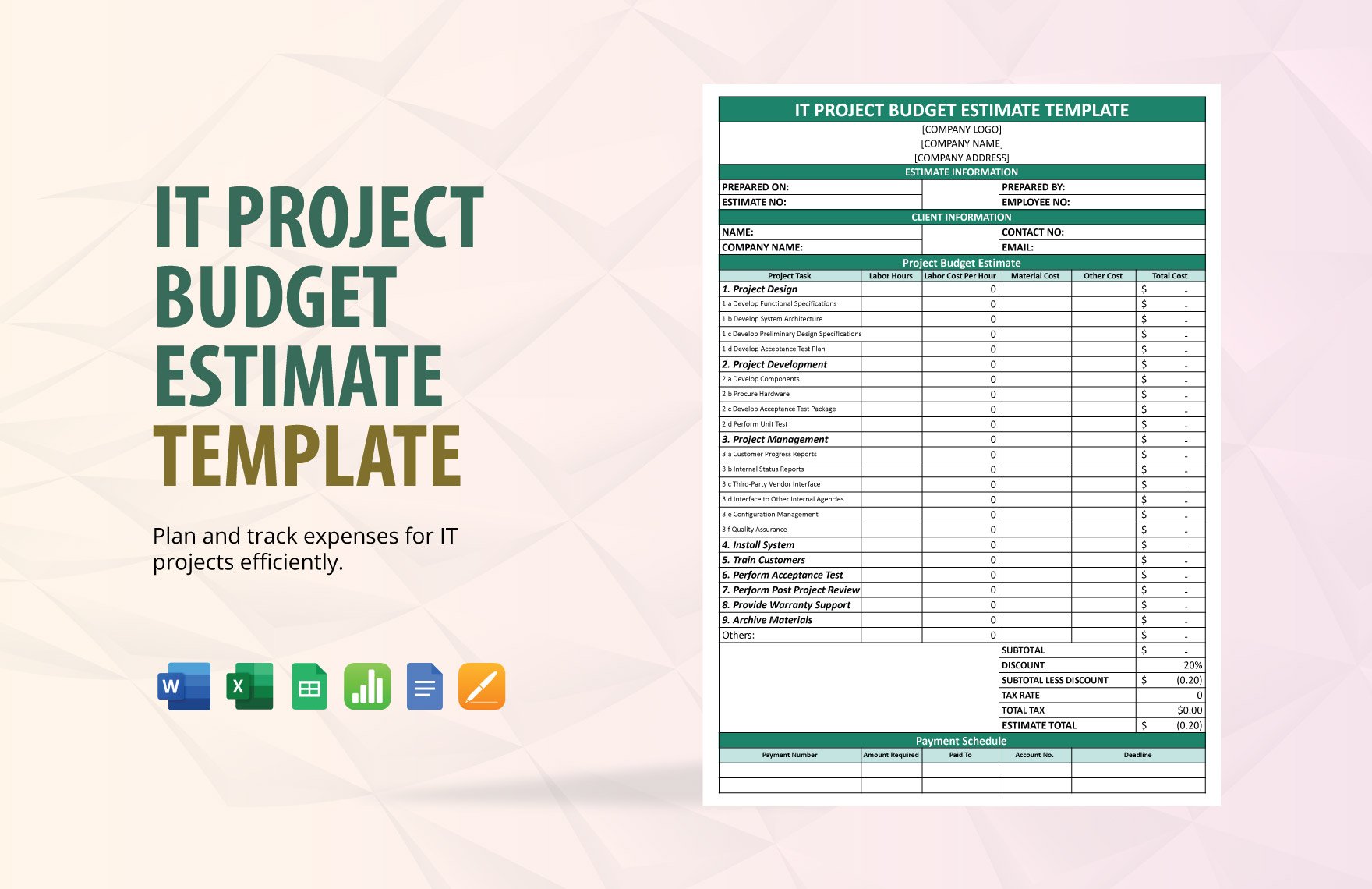IT Project Budget Estimate Template in Word, Google Docs, Excel, Google Sheets, Apple Pages, Apple Numbers