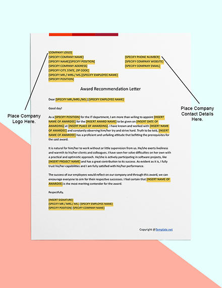 Free Award Recommendation Letter Template - Google Docs, Word, Apple ...