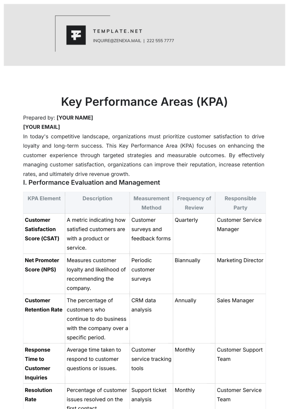 Key Performance Areas (KPA) Template - Edit Online & Download