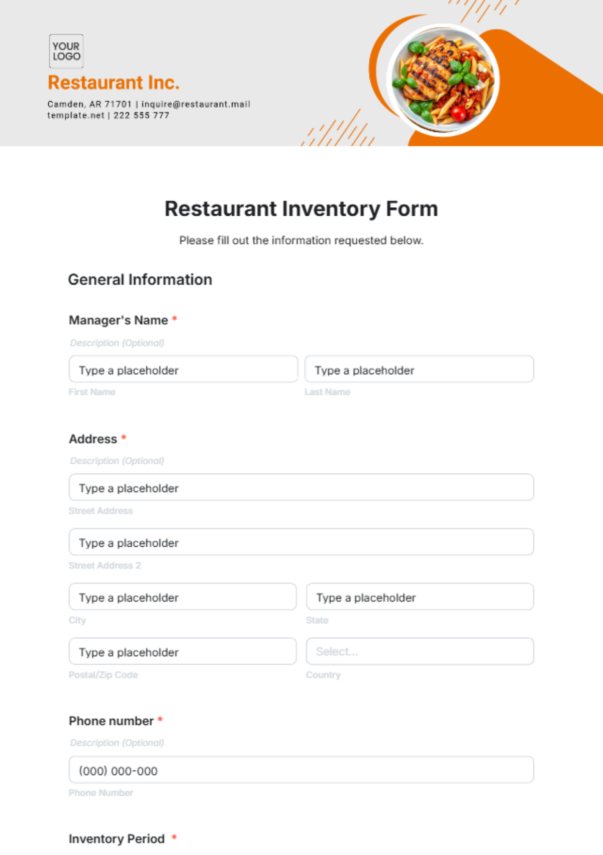 Restaurant Inventory Form Template