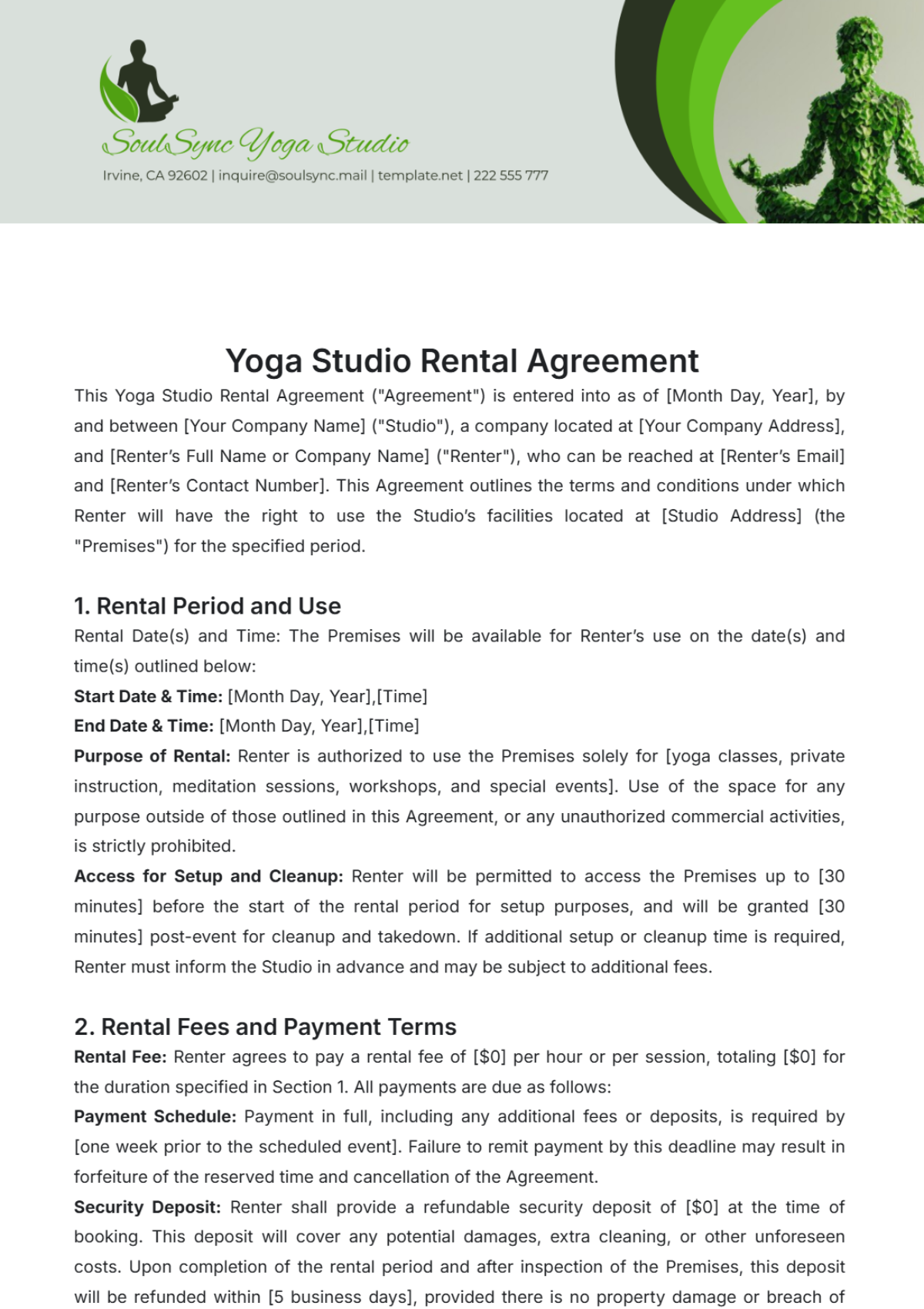 Yoga Studio Rental Agreement Template - Edit Online & Download