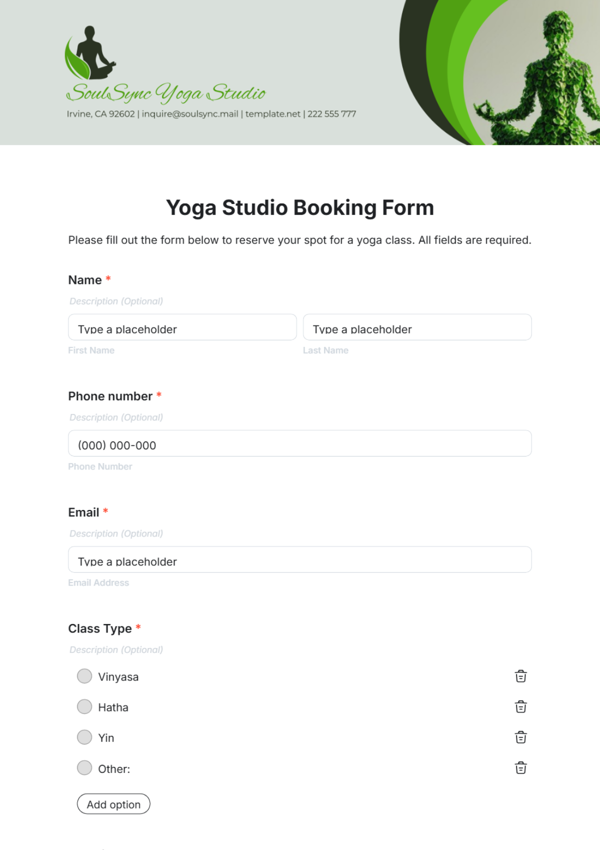 Yoga Studio Booking Form Template