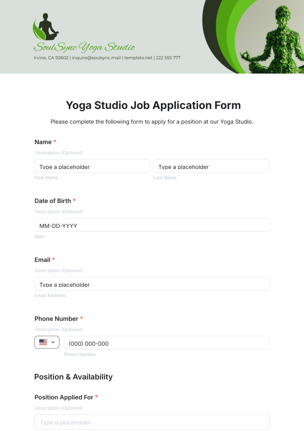 Yoga Studio Job Application Form Template