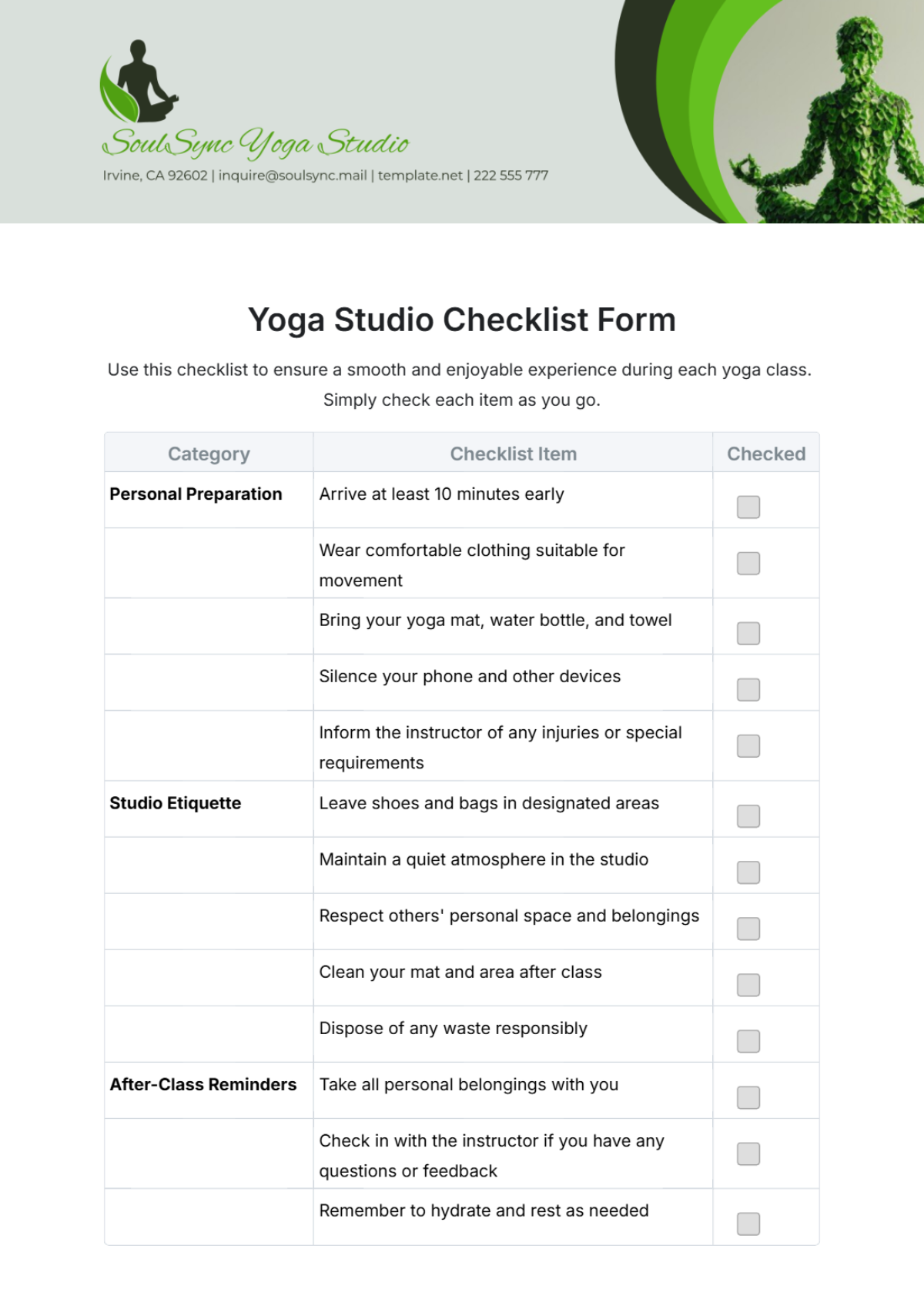 Yoga Studio Checklist Form Template