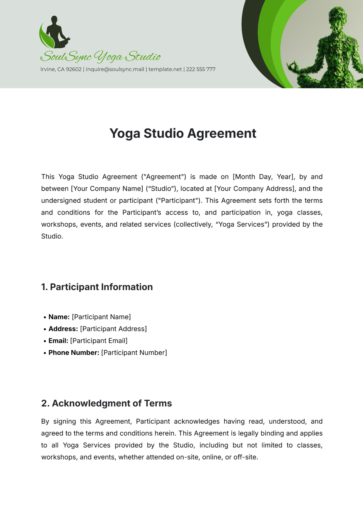 Yoga Studio Agreement Template - Edit Online & Download