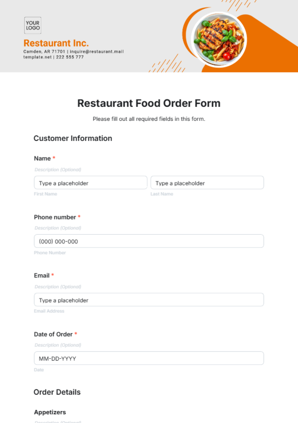 Restaurant Food Order Form Template