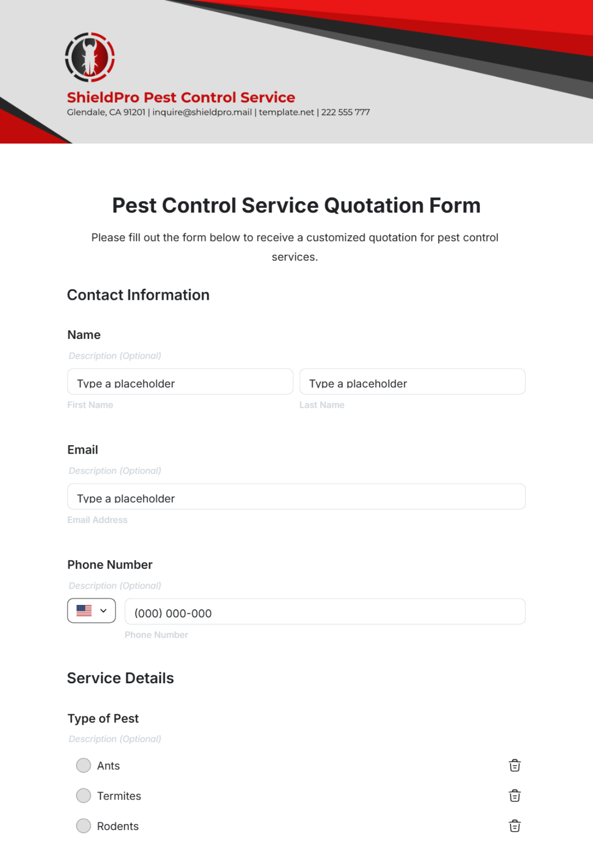 Pest Control Service Quotation Form Template