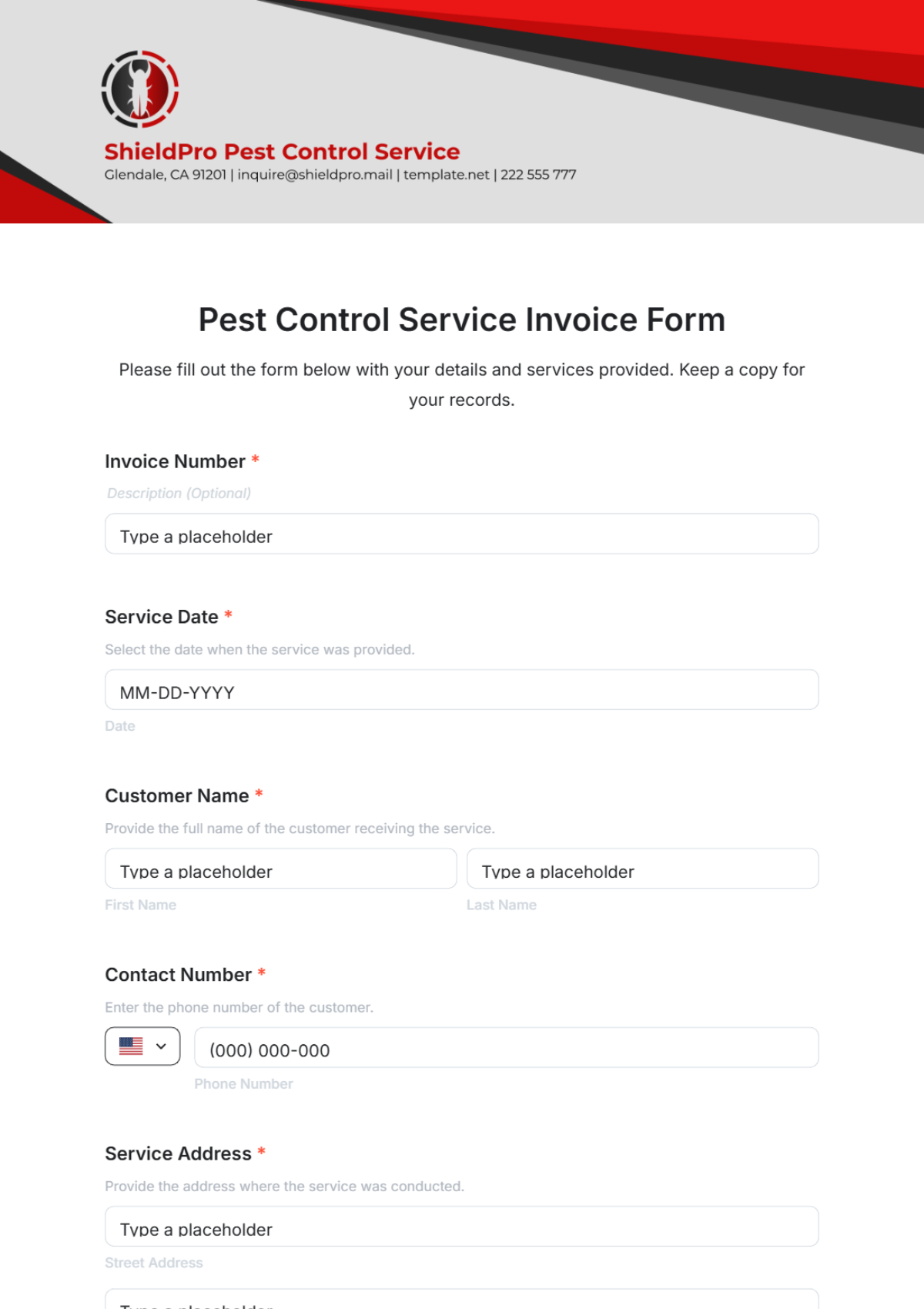 Pest Control Service Invoice Form Template