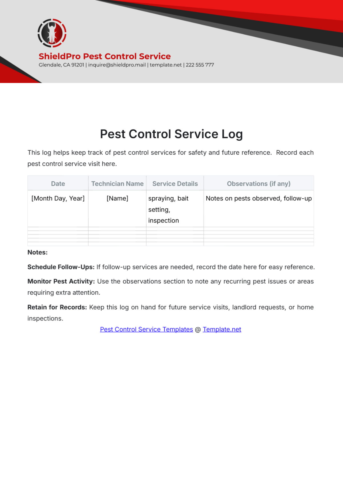 Pest Control Service Log Template