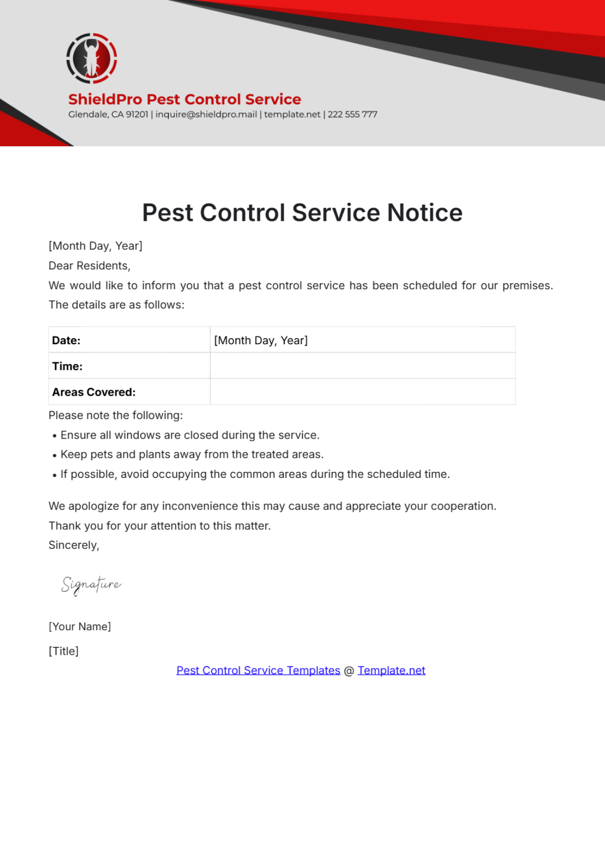 Pest Control Service Notice Template