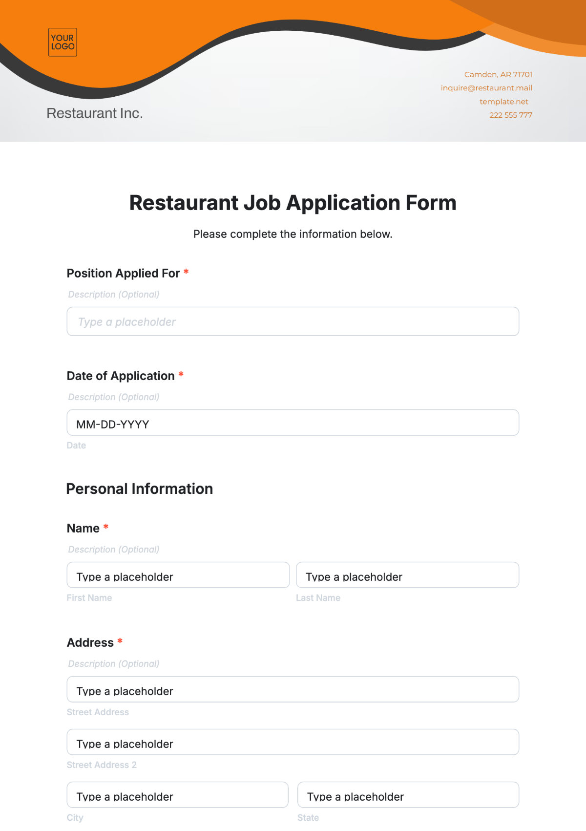 Restaurant Job Application Form Template