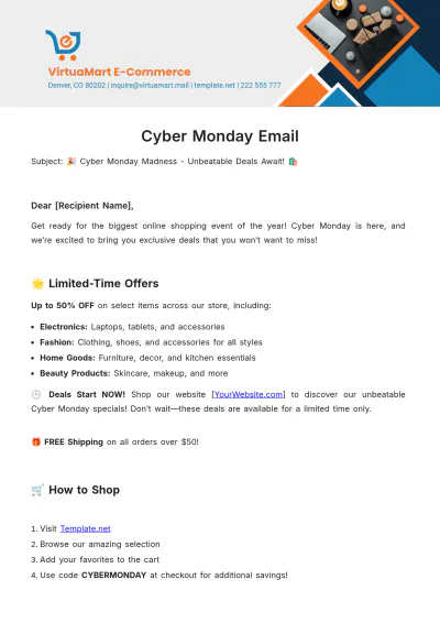 Free Cyber Monday Email Template to Edit Online