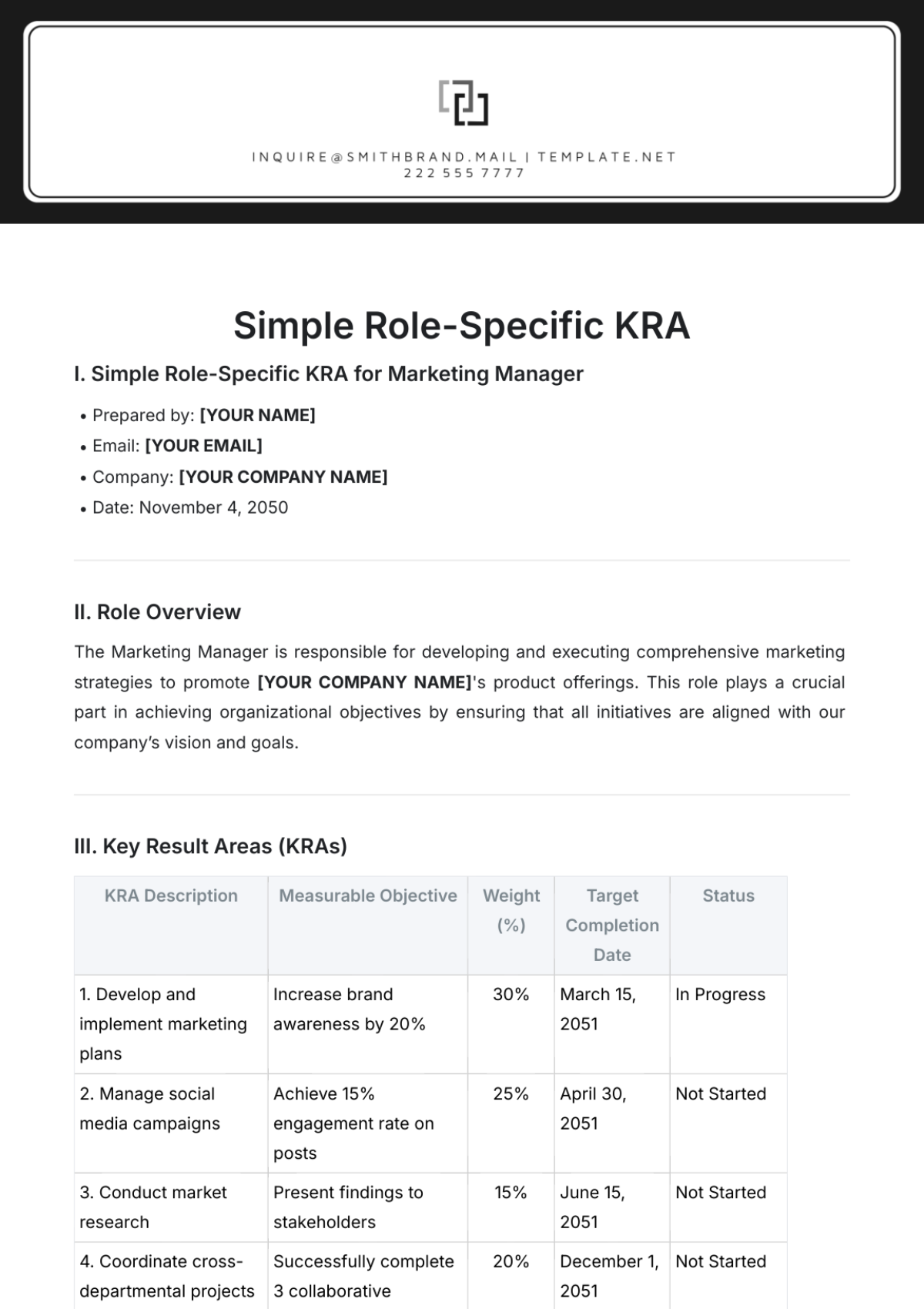 Simple Role-Specific KRA Template - Edit Online & Download