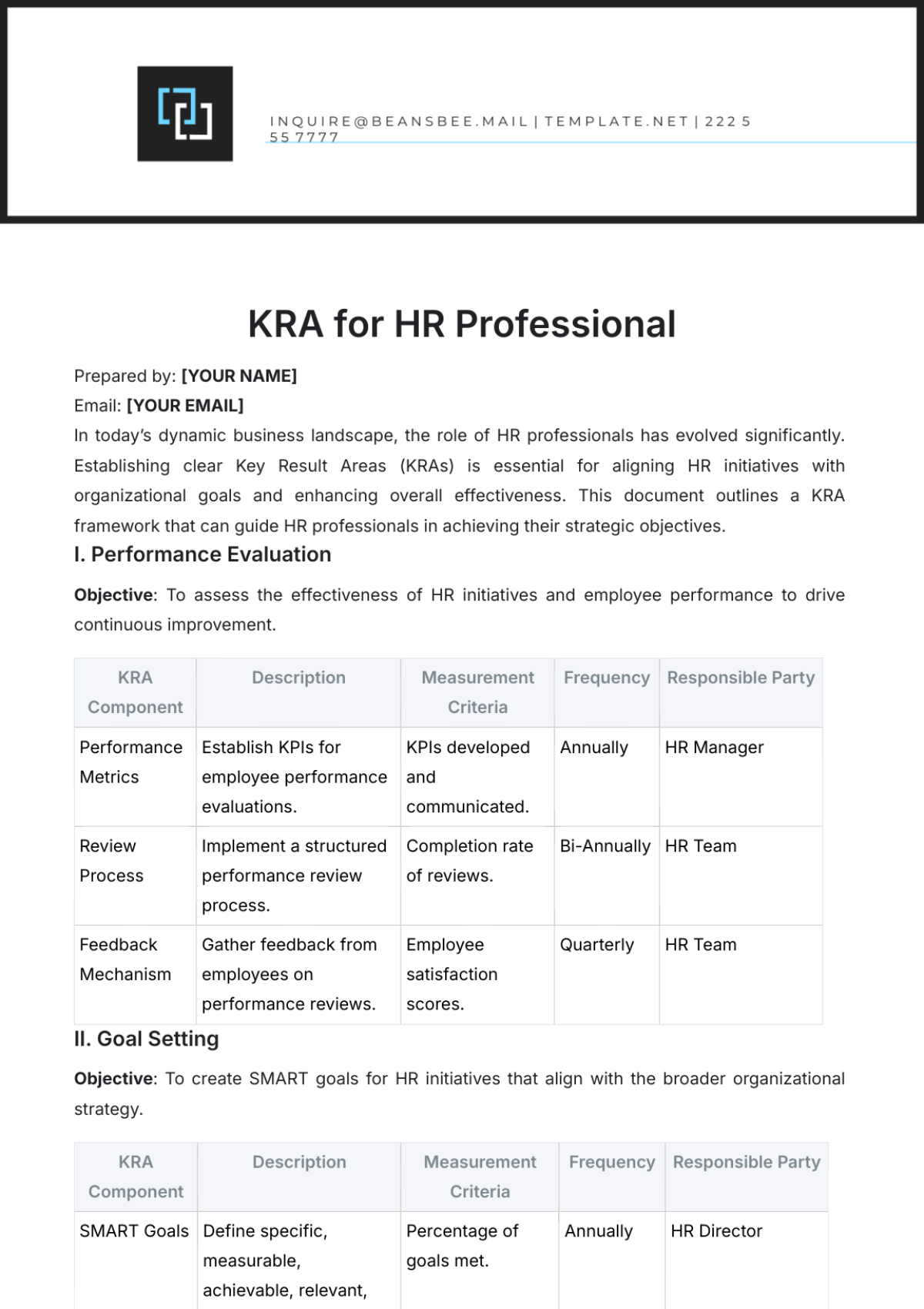 KRA for HR Professional Template - Edit Online & Download