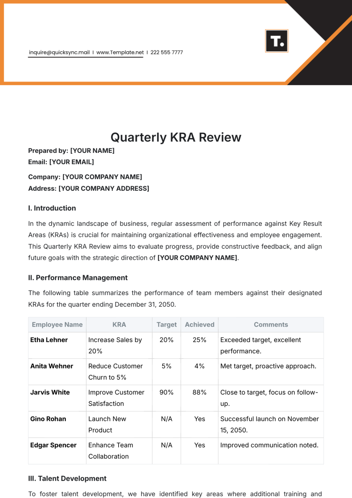 Quarterly KRA Review Template - Edit Online & Download