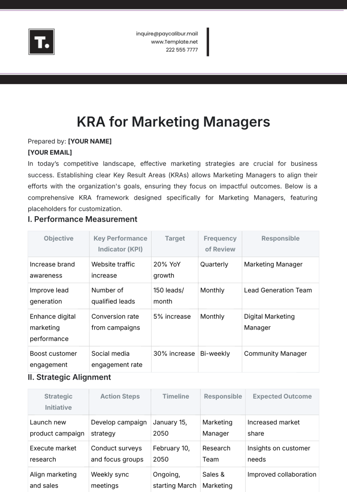 KRA for Marketing Managers Template - Edit Online & Download