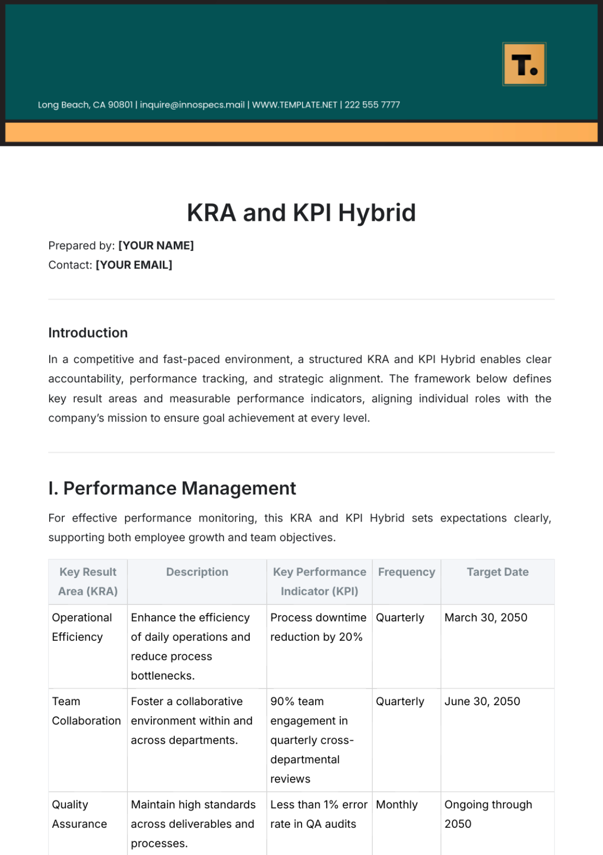 KRA and KPI Hybrid Template