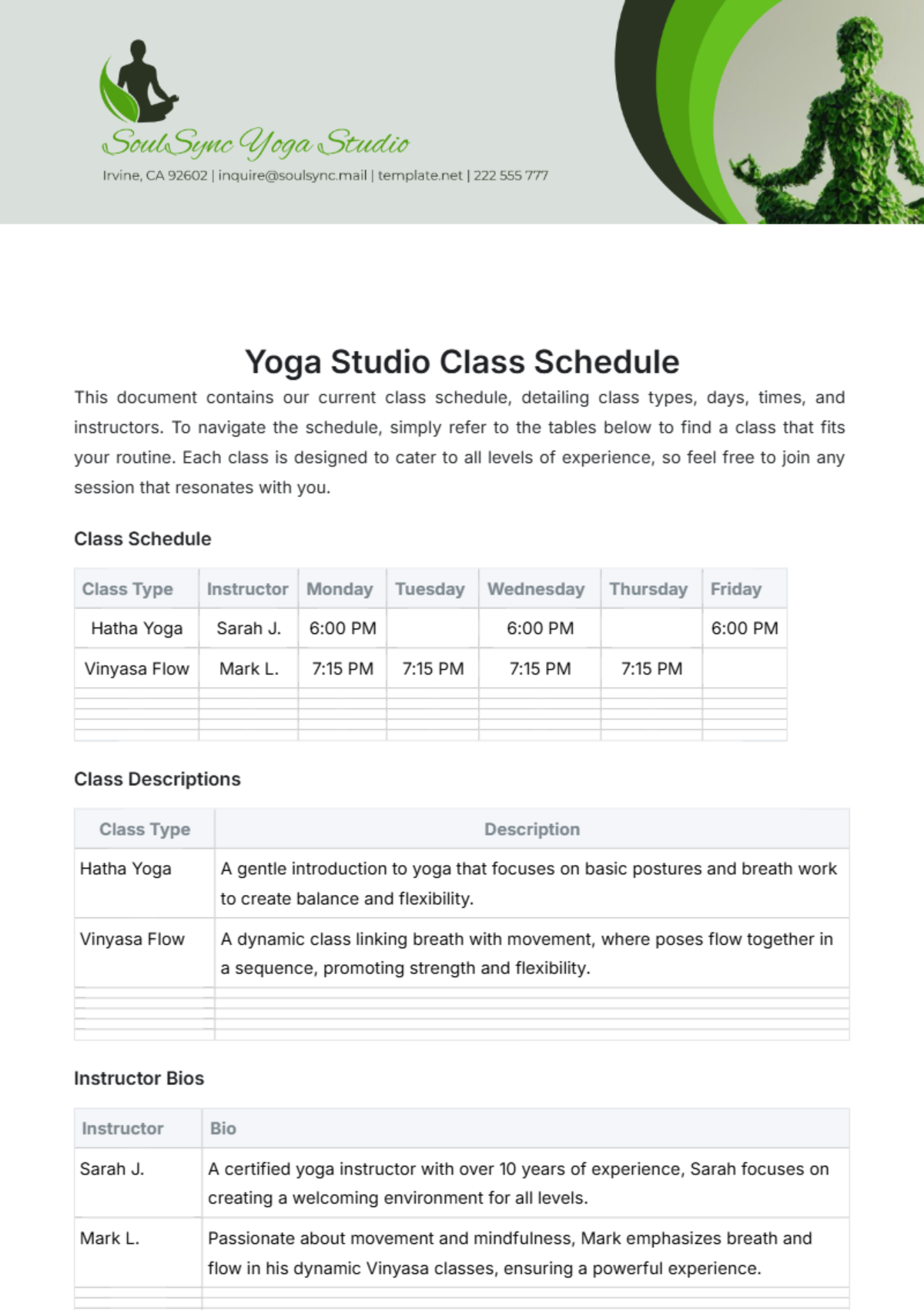 Yoga Studio Class Schedule Template - Edit Online & Download