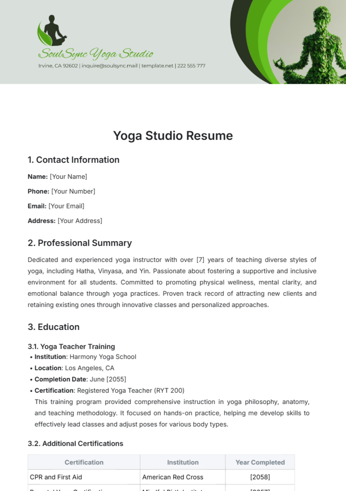 Free Yoga Studio Resume Template - Edit Online & Download | Template.net