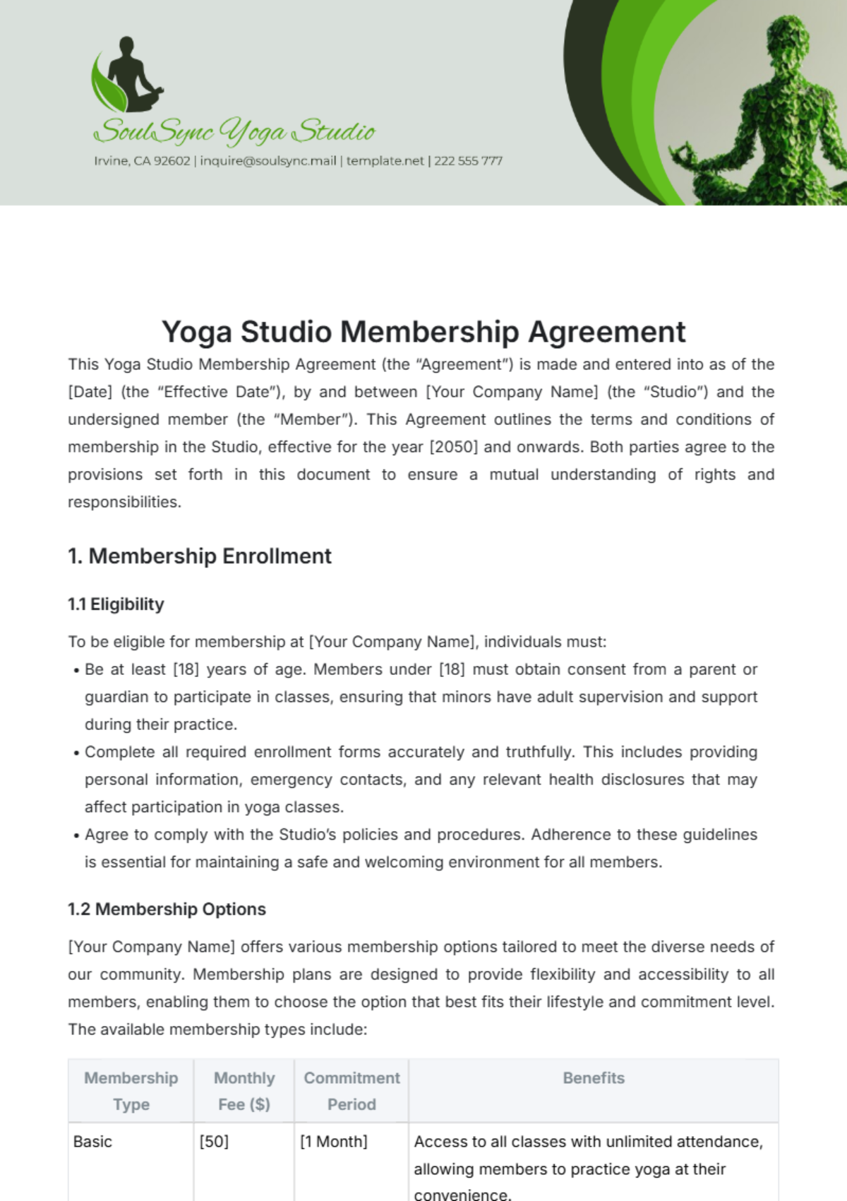 Yoga Studio Membership Agreement Template - Edit Online & Download