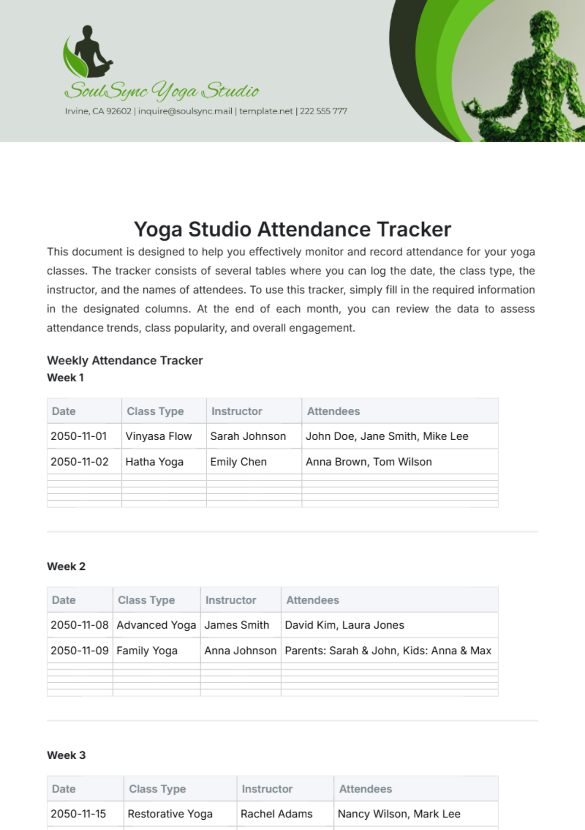 Yoga Studio Attendance Tracker Template