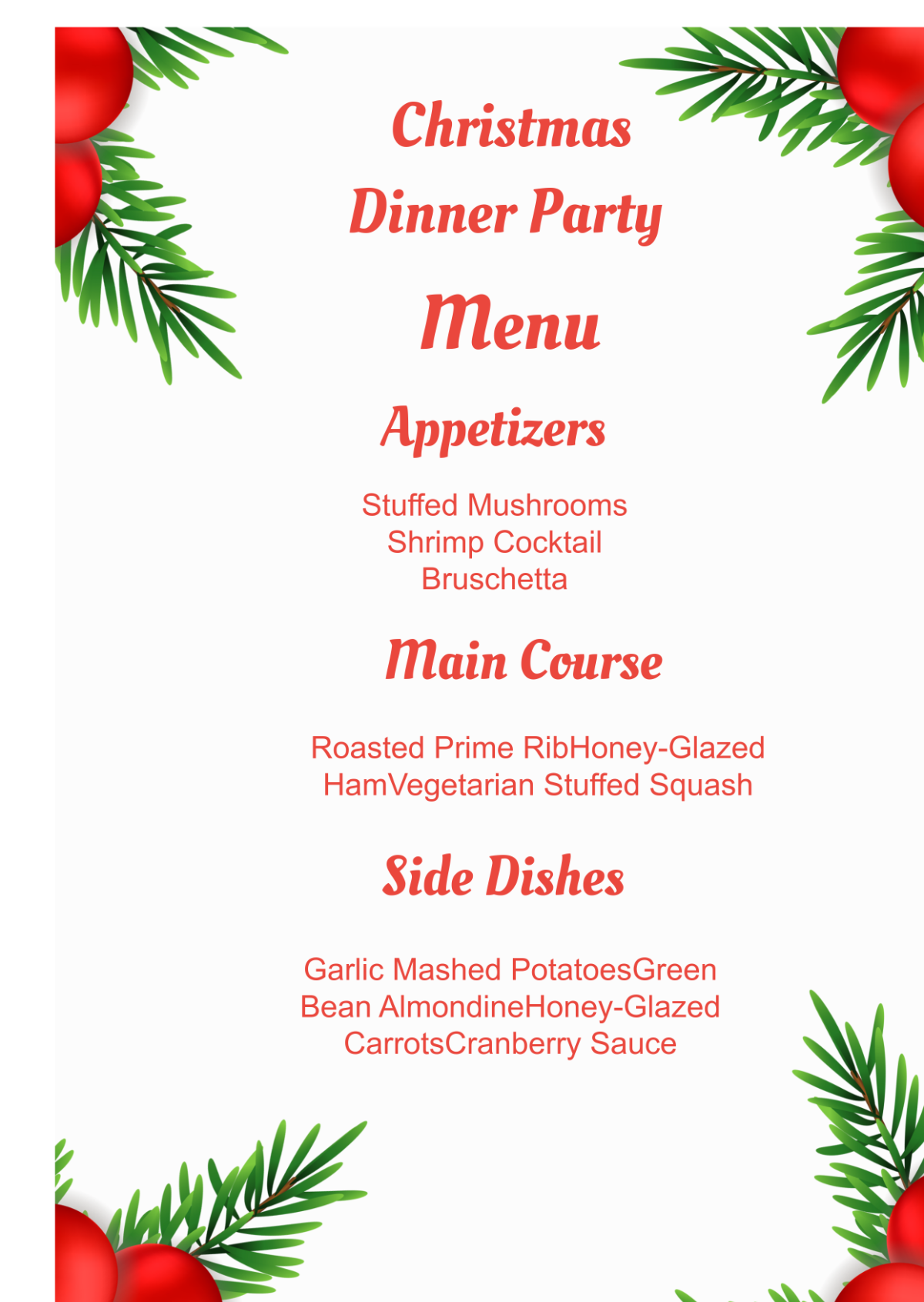 Christmas Dinner Party Menu Template