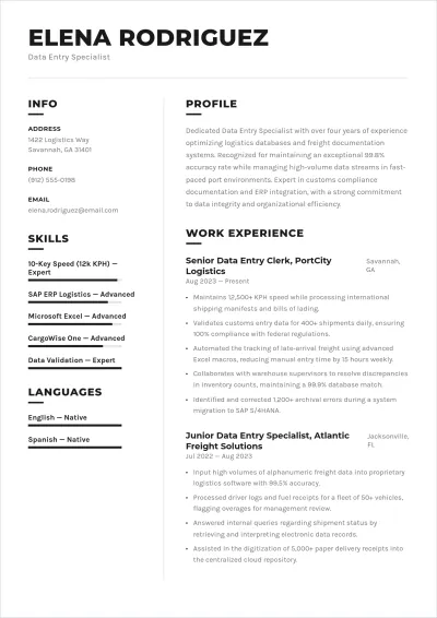 Free Data Entry ATS Resume Template, AI Resume Builder