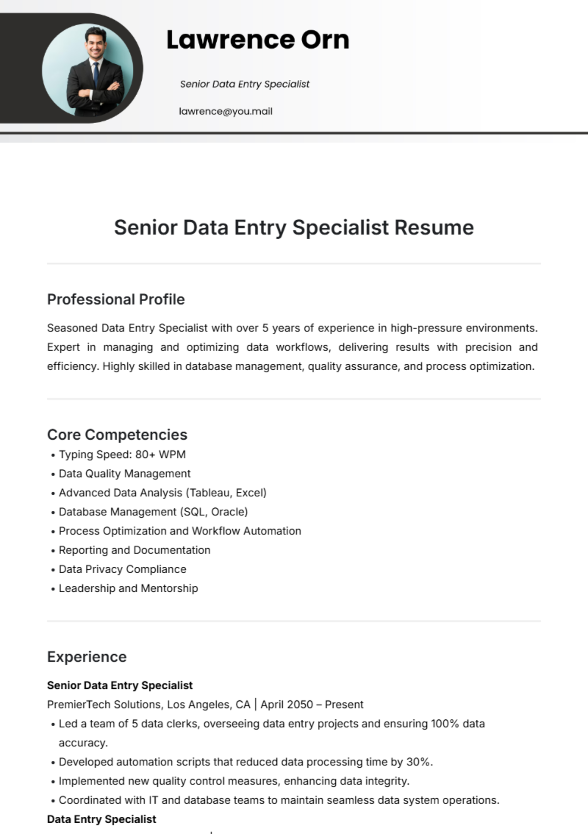 Simple Senior Data Entry Specialist Resume Template